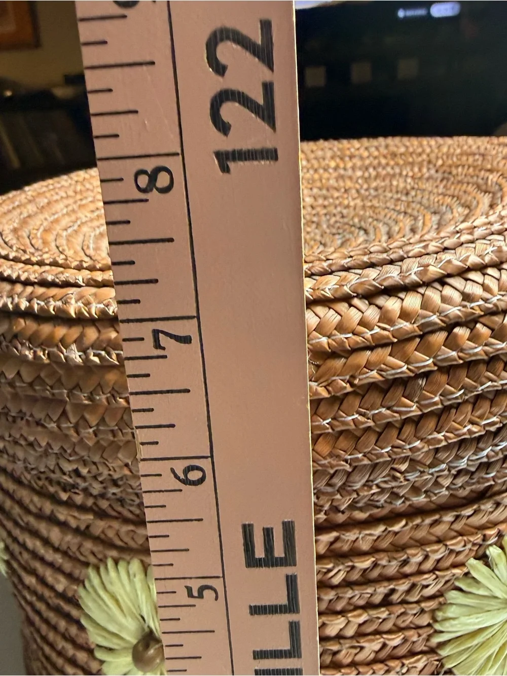 Woven Brown Storage Basket with Yellow Floral Accents